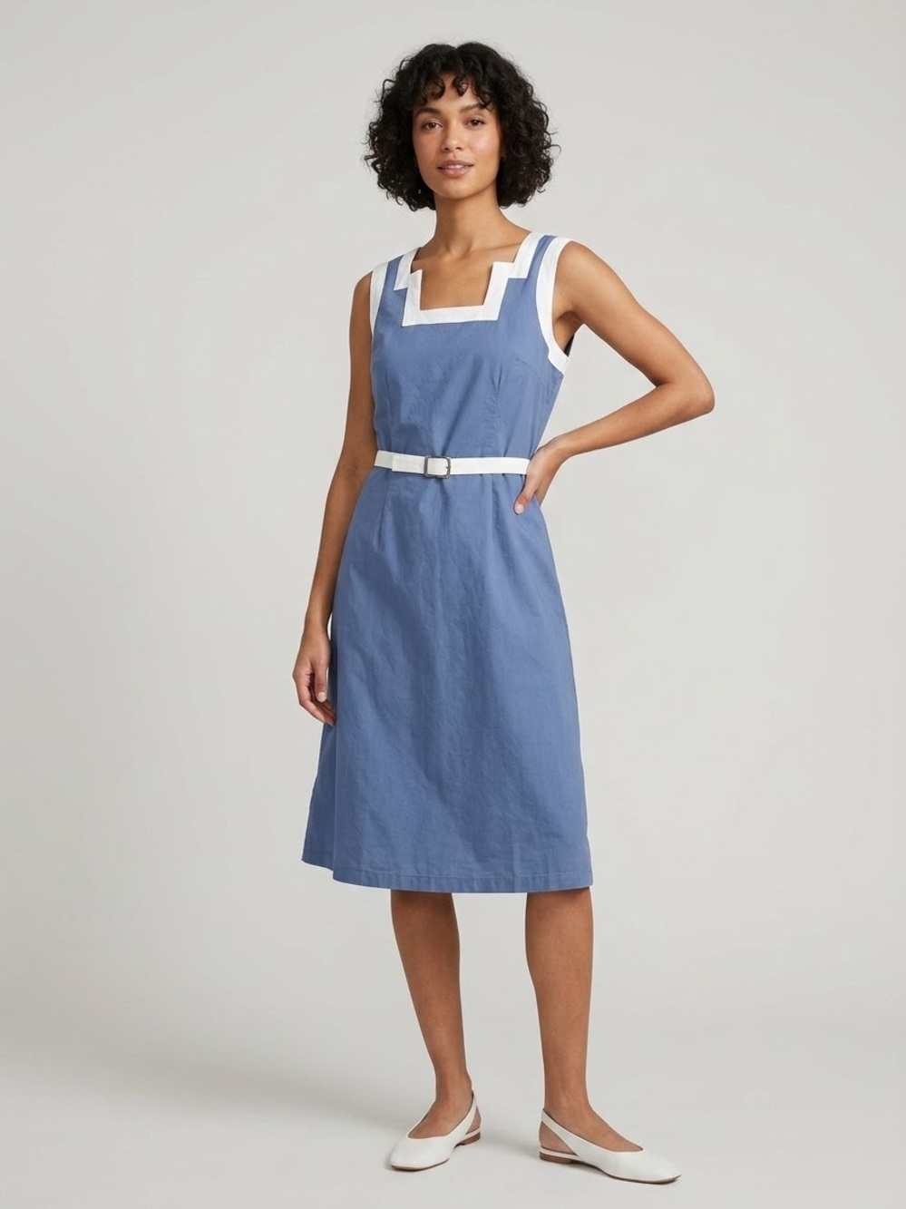 Cornflower Blue Contrast-Trim Sleeveless Belted Dress